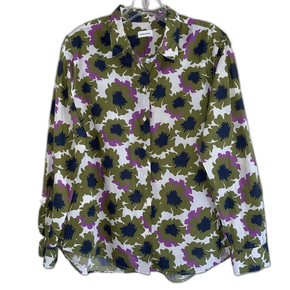 Seidensticker Bold Floral Shirt Top Size S Long Sleeve Green Purple Button Up